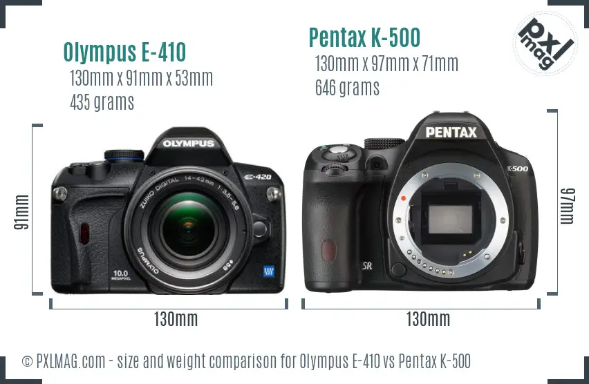 Olympus E-410 vs Pentax K-500 size comparison