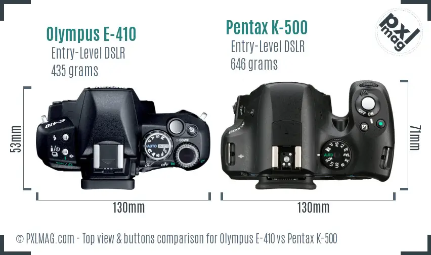 Olympus E-410 vs Pentax K-500 top view buttons comparison