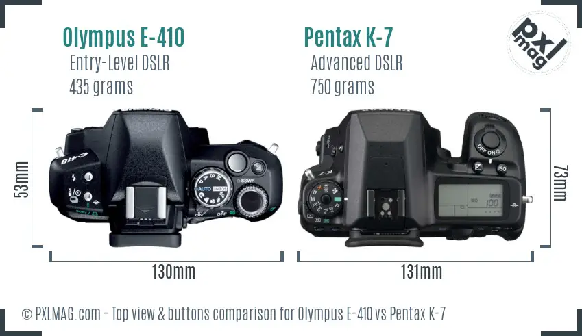 Olympus E-410 vs Pentax K-7 top view buttons comparison