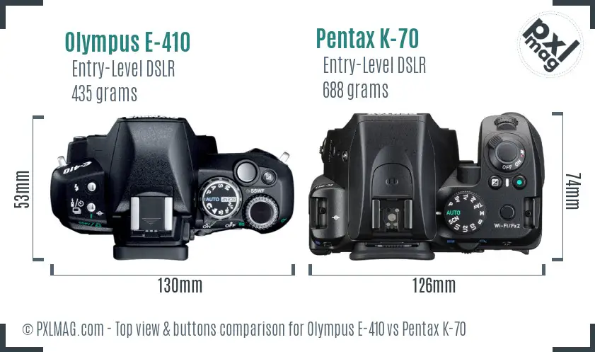 Olympus E-410 vs Pentax K-70 top view buttons comparison