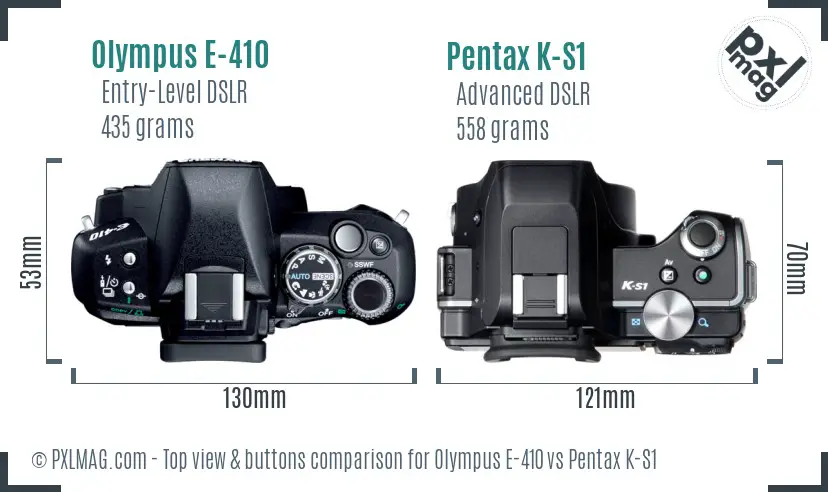 Olympus E-410 vs Pentax K-S1 top view buttons comparison