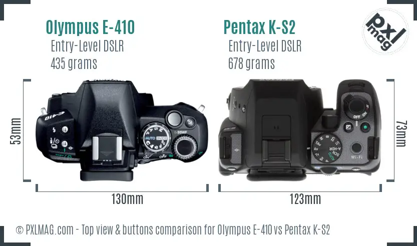 Olympus E-410 vs Pentax K-S2 top view buttons comparison