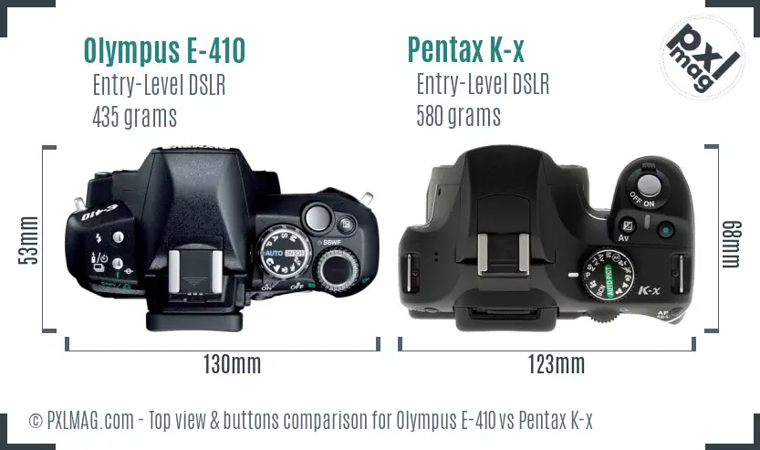 Olympus E-410 vs Pentax K-x top view buttons comparison