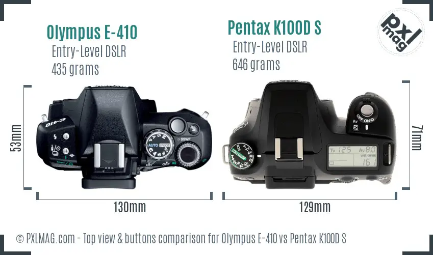 Olympus E-410 vs Pentax K100D S top view buttons comparison