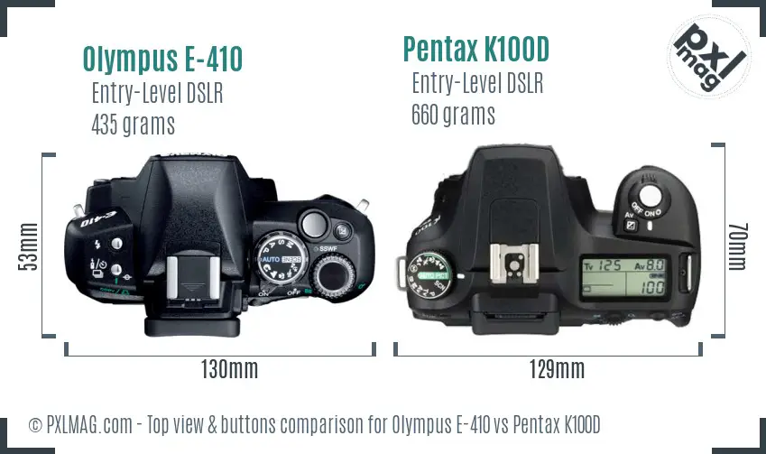 Olympus E-410 vs Pentax K100D top view buttons comparison