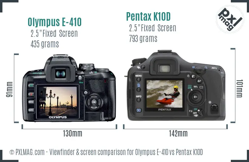 Olympus E-410 vs Pentax K10D Screen and Viewfinder comparison