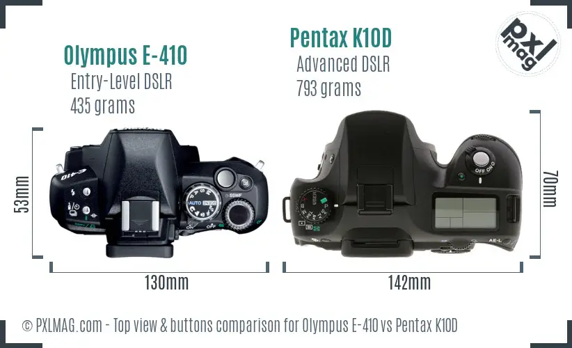 Olympus E-410 vs Pentax K10D top view buttons comparison