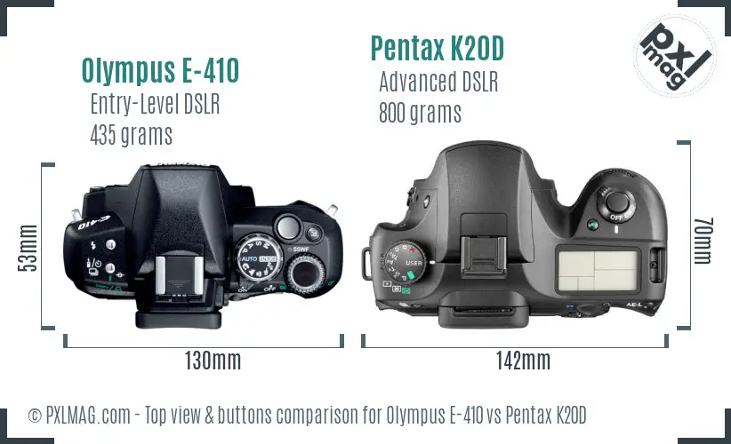 Olympus E-410 vs Pentax K20D top view buttons comparison