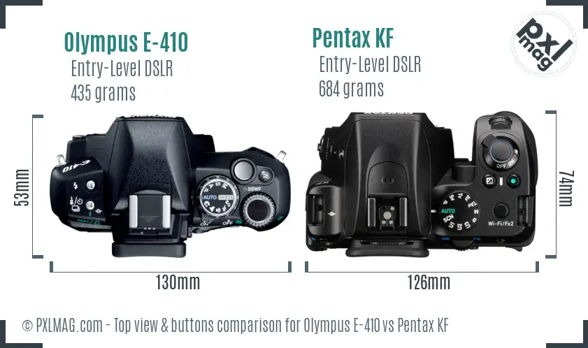 Olympus E-410 vs Pentax KF top view buttons comparison