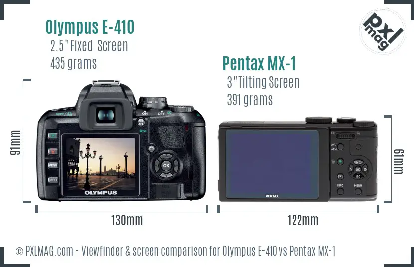 Olympus E-410 vs Pentax MX-1 Screen and Viewfinder comparison