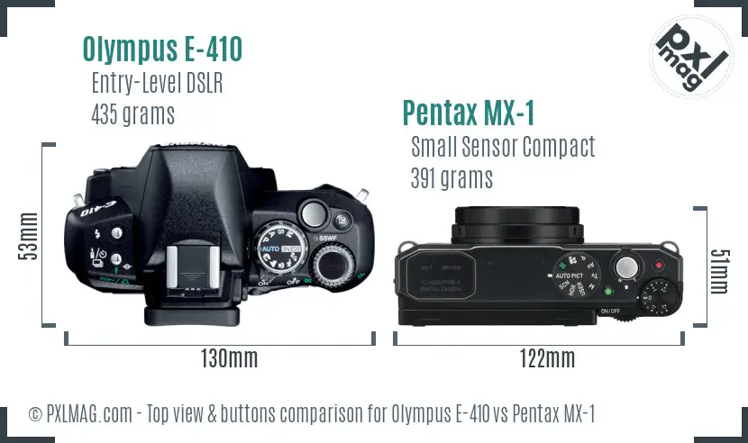 Olympus E-410 vs Pentax MX-1 top view buttons comparison