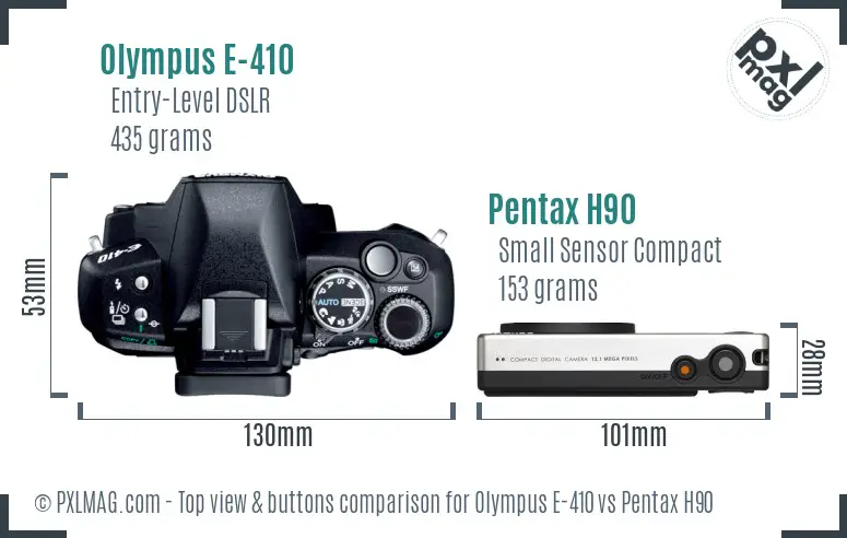 Olympus E-410 vs Pentax H90 top view buttons comparison