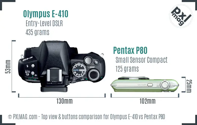 Olympus E-410 vs Pentax P80 top view buttons comparison