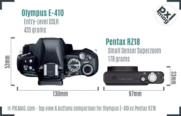 Olympus E-410 vs Pentax RZ18 top view buttons comparison