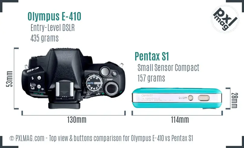 Olympus E-410 vs Pentax S1 top view buttons comparison