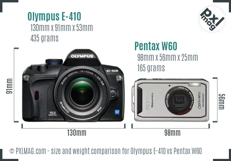 Olympus E-410 vs Pentax W60 size comparison