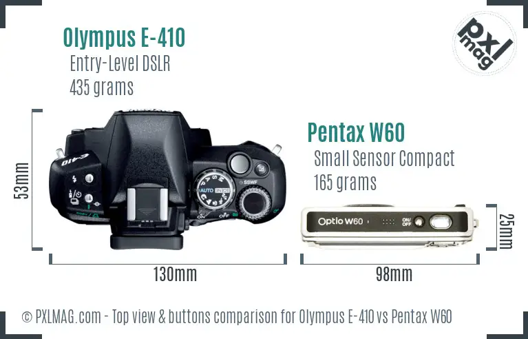 Olympus E-410 vs Pentax W60 top view buttons comparison