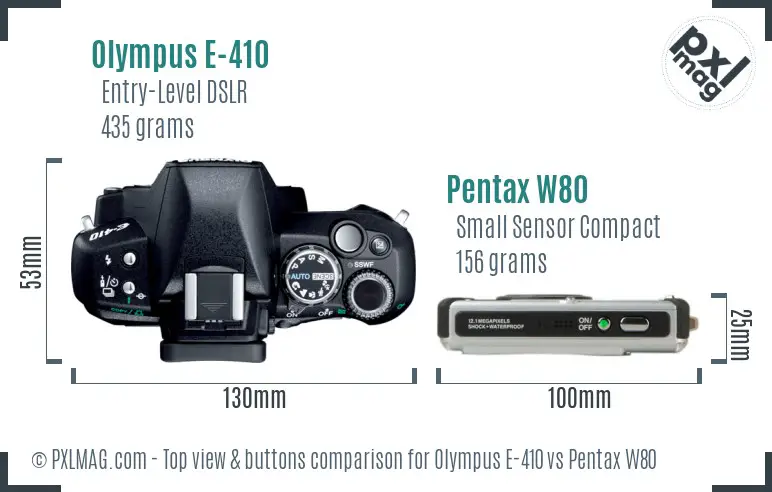 Olympus E-410 vs Pentax W80 top view buttons comparison