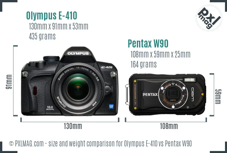Olympus E-410 vs Pentax W90 size comparison