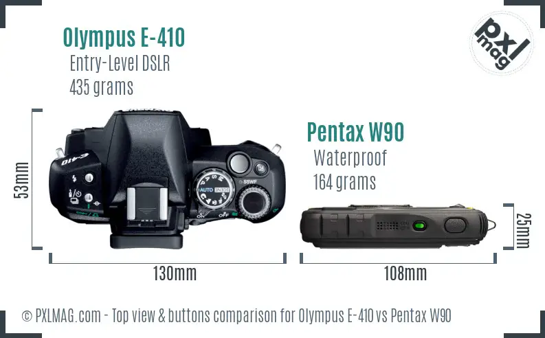 Olympus E-410 vs Pentax W90 top view buttons comparison
