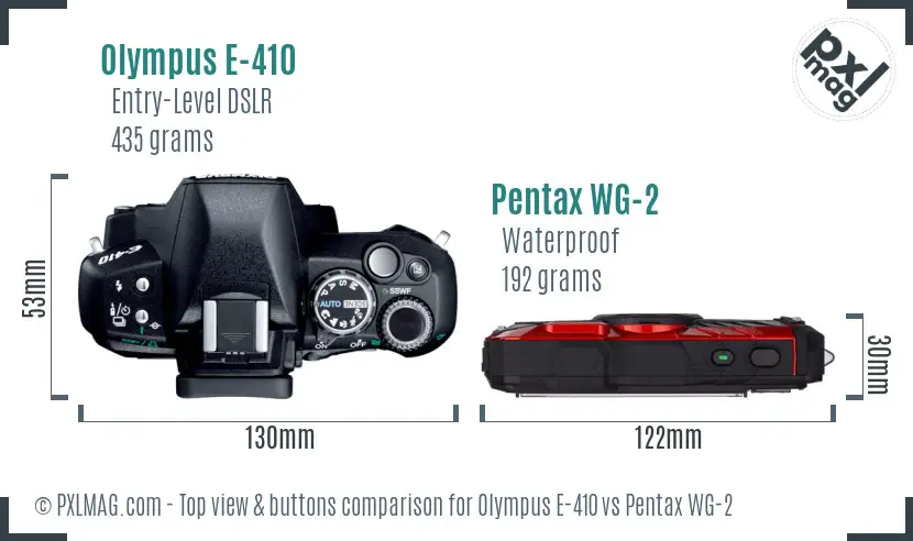 Olympus E-410 vs Pentax WG-2 top view buttons comparison