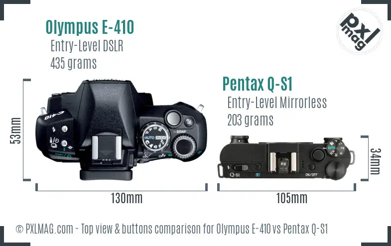 Olympus E-410 vs Pentax Q-S1 top view buttons comparison