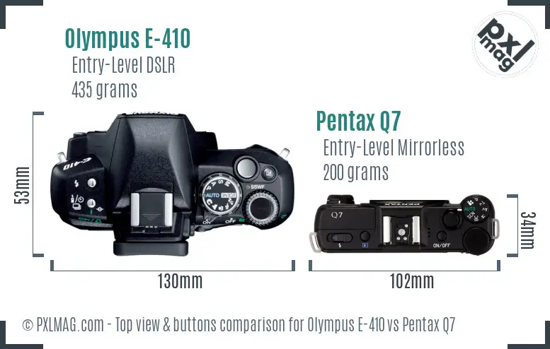 Olympus E-410 vs Pentax Q7 top view buttons comparison