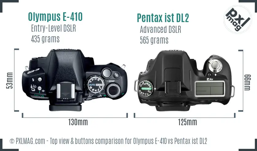 Olympus E-410 vs Pentax ist DL2 top view buttons comparison