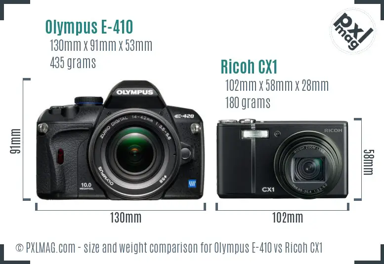 Olympus E-410 vs Ricoh CX1 size comparison