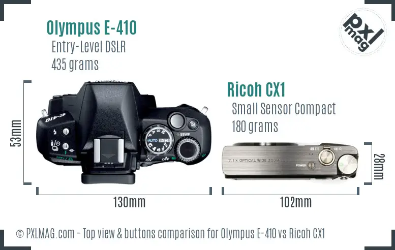 Olympus E-410 vs Ricoh CX1 top view buttons comparison