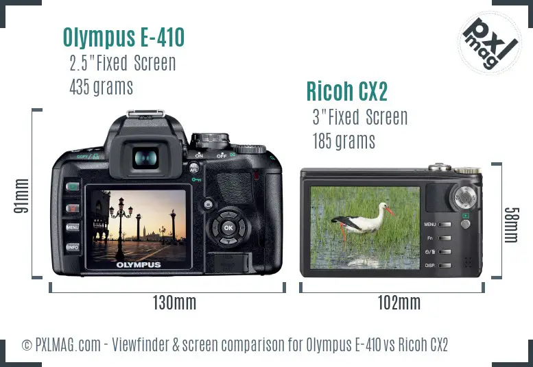 Olympus E-410 vs Ricoh CX2 Screen and Viewfinder comparison Olympus E-410 vs Ricoh CX2 Screen and Viewfinder comparison
