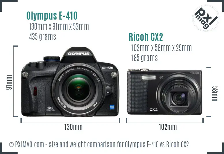 Olympus E-410 vs Ricoh CX2 size comparison Olympus E-410 vs Ricoh CX2 size comparison