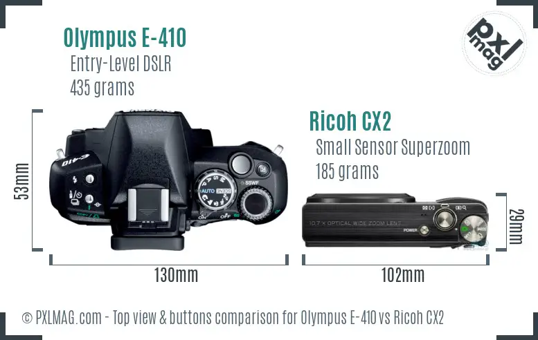 Olympus E-410 vs Ricoh CX2 top view buttons comparison Olympus E-410 vs Ricoh CX2 top view buttons comparison
