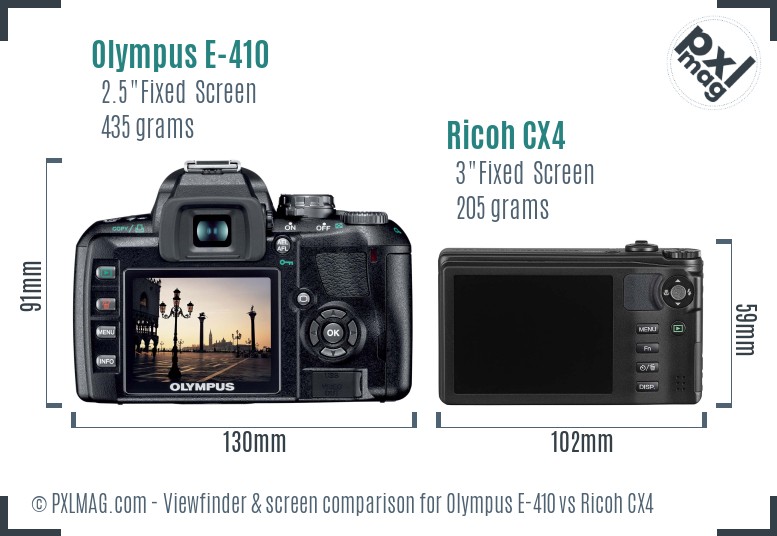 Olympus E-410 vs Ricoh CX4 Screen and Viewfinder comparison