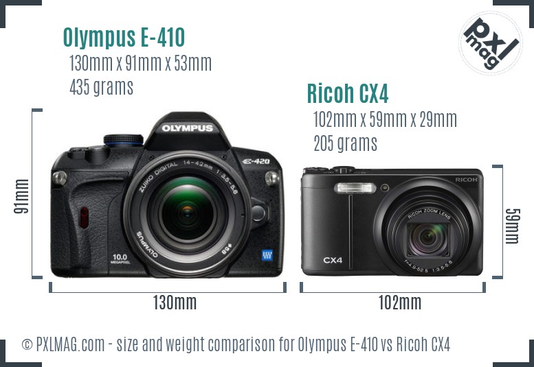 Olympus E-410 vs Ricoh CX4 size comparison Olympus E-410 vs Ricoh CX4 size comparison
