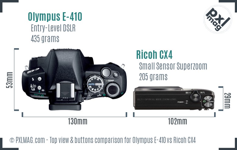 Olympus E-410 vs Ricoh CX4 top view buttons comparison