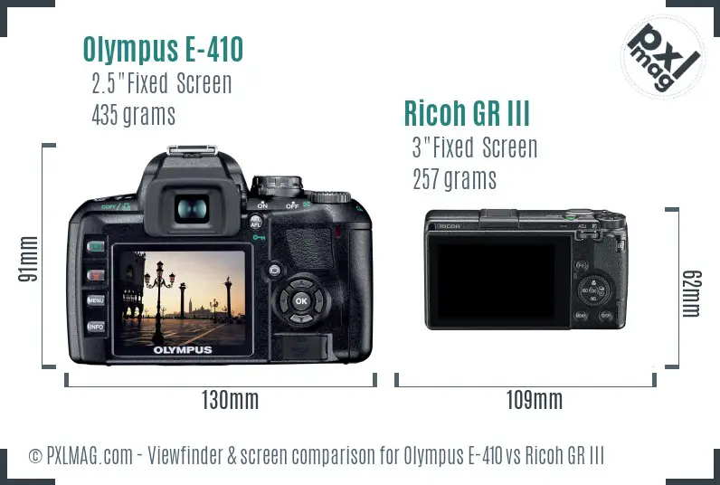 Olympus E-410 vs Ricoh GR III Screen and Viewfinder comparison
