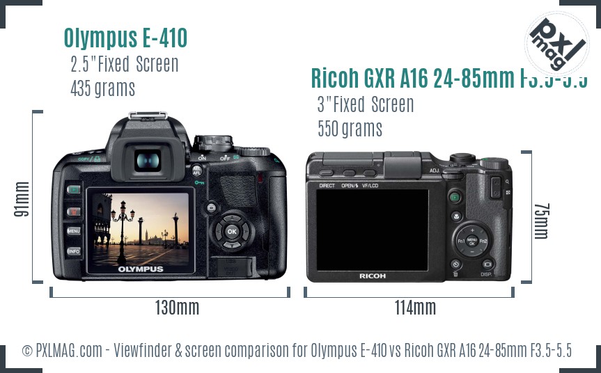 Olympus E-410 vs Ricoh GXR A16 24-85mm F3.5-5.5 Screen and Viewfinder comparison