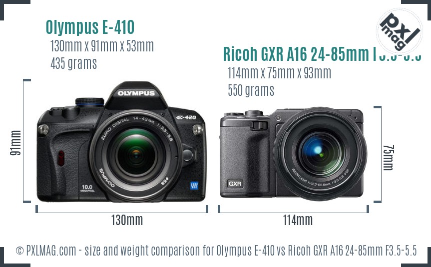 Olympus E-410 vs Ricoh GXR A16 24-85mm F3.5-5.5 size comparison