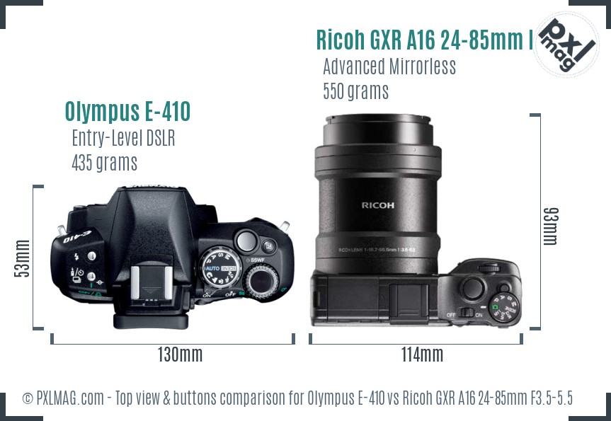 Olympus E-410 vs Ricoh GXR A16 24-85mm F3.5-5.5 top view buttons comparison