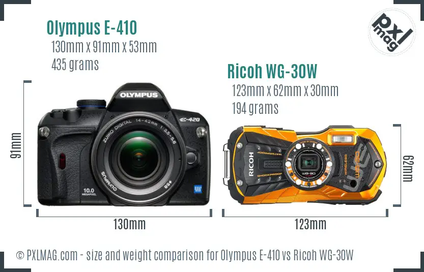 Olympus E-410 vs Ricoh WG-30W size comparison