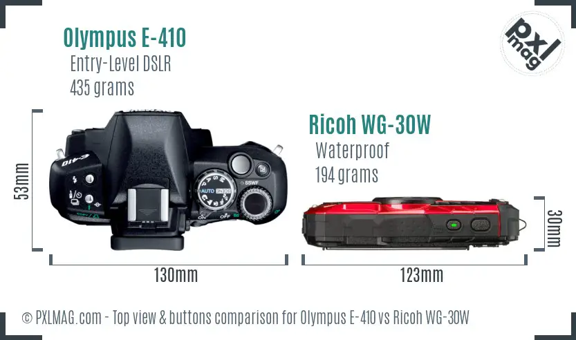 Olympus E-410 vs Ricoh WG-30W top view buttons comparison