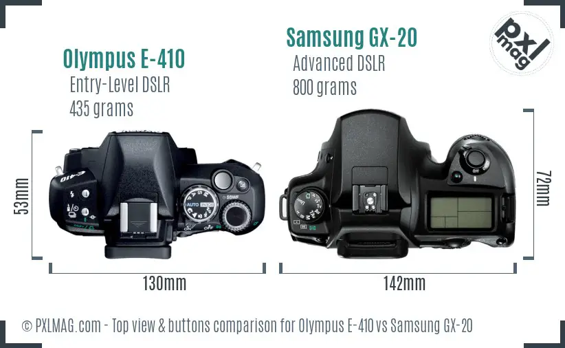 Olympus E-410 vs Samsung GX-20 top view buttons comparison
