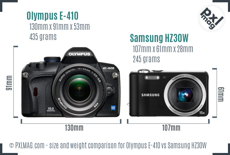 Olympus E-410 vs Samsung HZ30W size comparison
