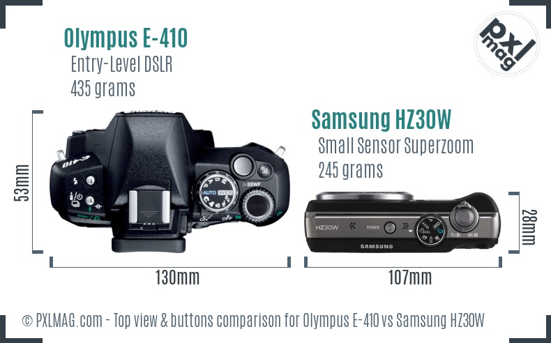 Olympus E-410 vs Samsung HZ30W top view buttons comparison