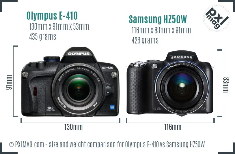 Olympus E-410 vs Samsung HZ50W size comparison Olympus E-410 vs Samsung HZ50W size comparison