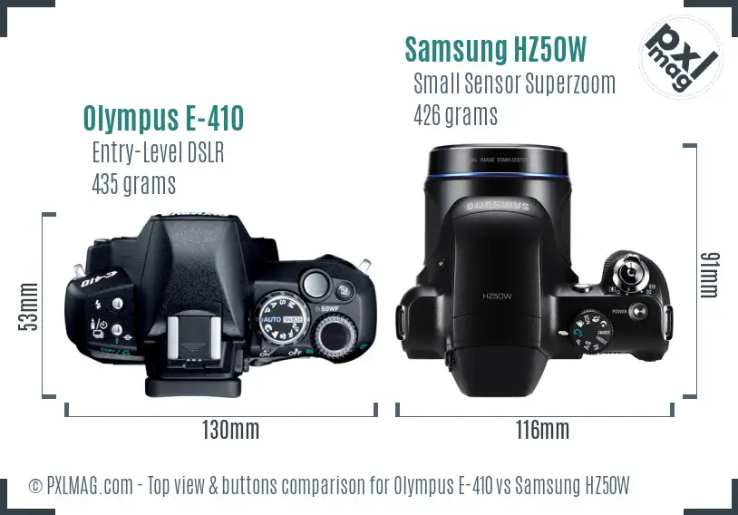 Olympus E-410 vs Samsung HZ50W top view buttons comparison Olympus E-410 vs Samsung HZ50W top view buttons comparison