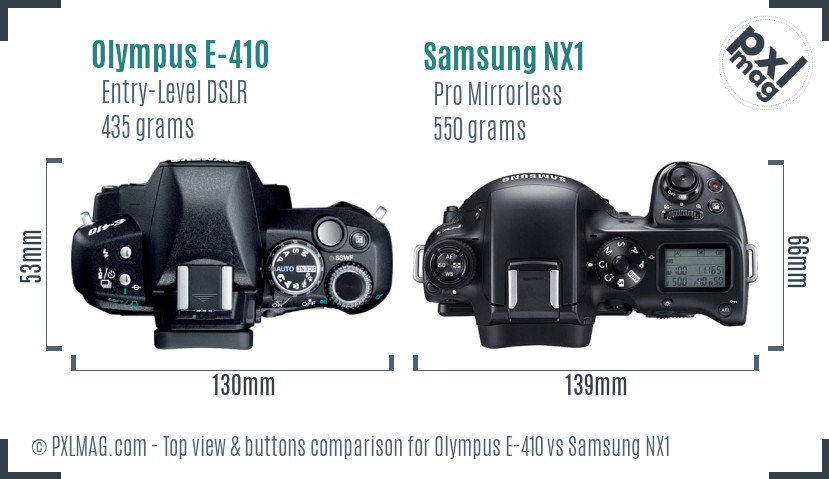 Olympus E-410 vs Samsung NX1 top view buttons comparison
