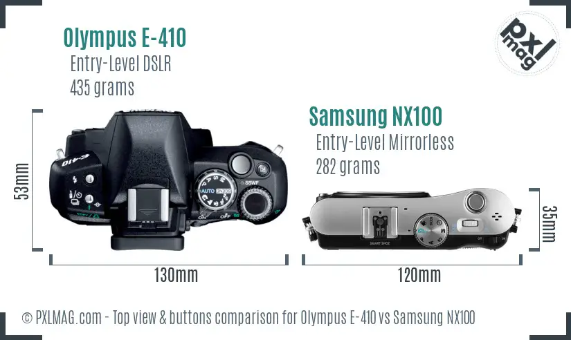 Olympus E-410 vs Samsung NX100 top view buttons comparison
