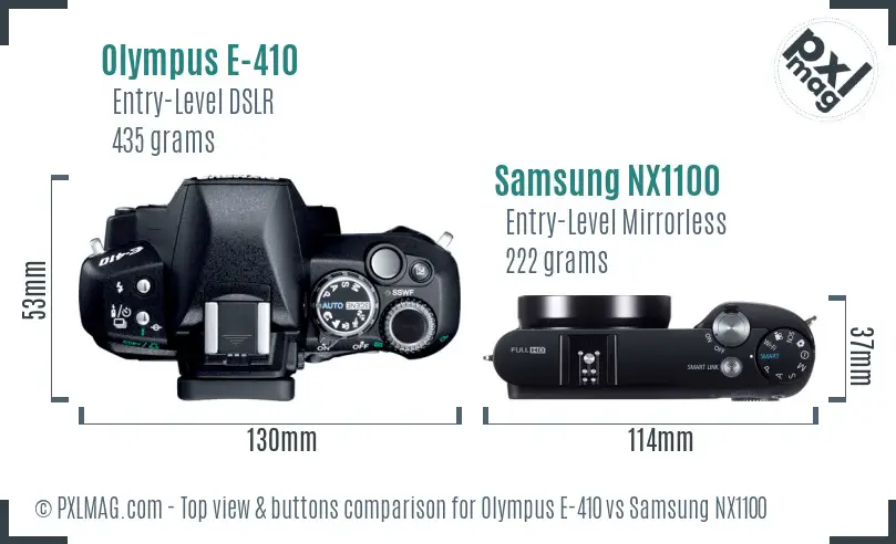 Olympus E-410 vs Samsung NX1100 top view buttons comparison